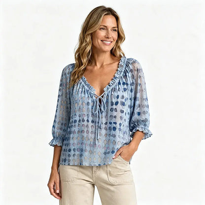 👚 Dámská boho košile – puntíky, volány, žebrované manžety 🌸 Lehká, prodyšná, měkká jako bavlna – ideální na léto! ✨