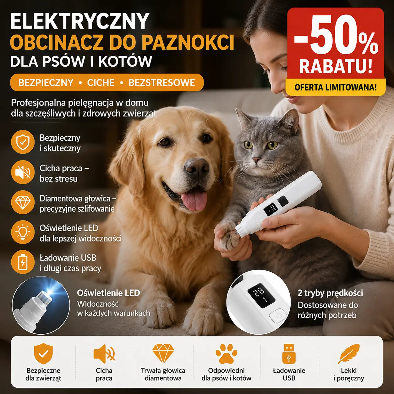 🔥【Kup 1, a 1 dostaniesz gratis】🐱🐶Elektryczna szlifierka do pazurów dla zwierząt z wyświetlaczem LED poziomu naładowania
