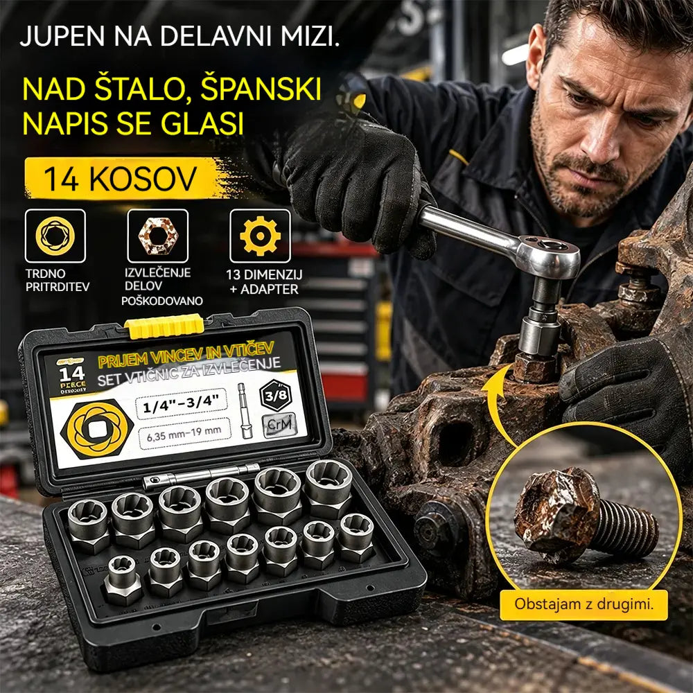 14-delni komplet nastavkov za odstranjevanje poškodovanih matic in vijakov | Nastavki s protizdrsno zasnovo za zarjavele, poškodovane ali obrabljene pritrdilne elemente