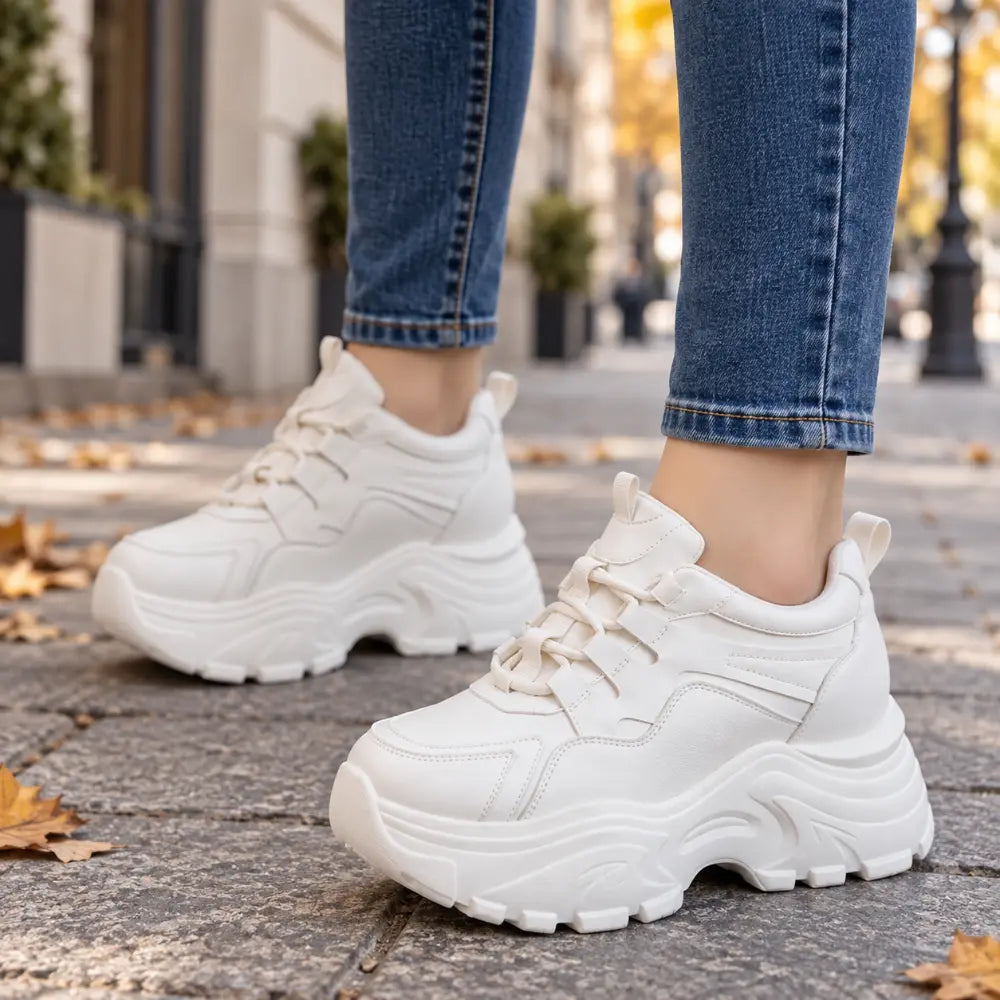 【35-40】Damskie buty na ukrytym podwyższeniu – białe sneakersy, na grubej podeszwie, casualowe, sportowe, idealne do chodzenia i podróży