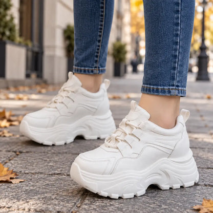 【35-40】Damskie buty na ukrytym podwyższeniu – białe sneakersy, na grubej podeszwie, casualowe, sportowe, idealne do chodzenia i podróży