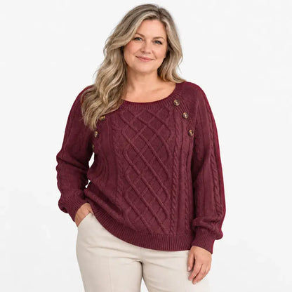 【S-2XL】Damowy sweter casualowy na jesień i zimę – kwadratowy dekolt, guziki, wzór warkocza