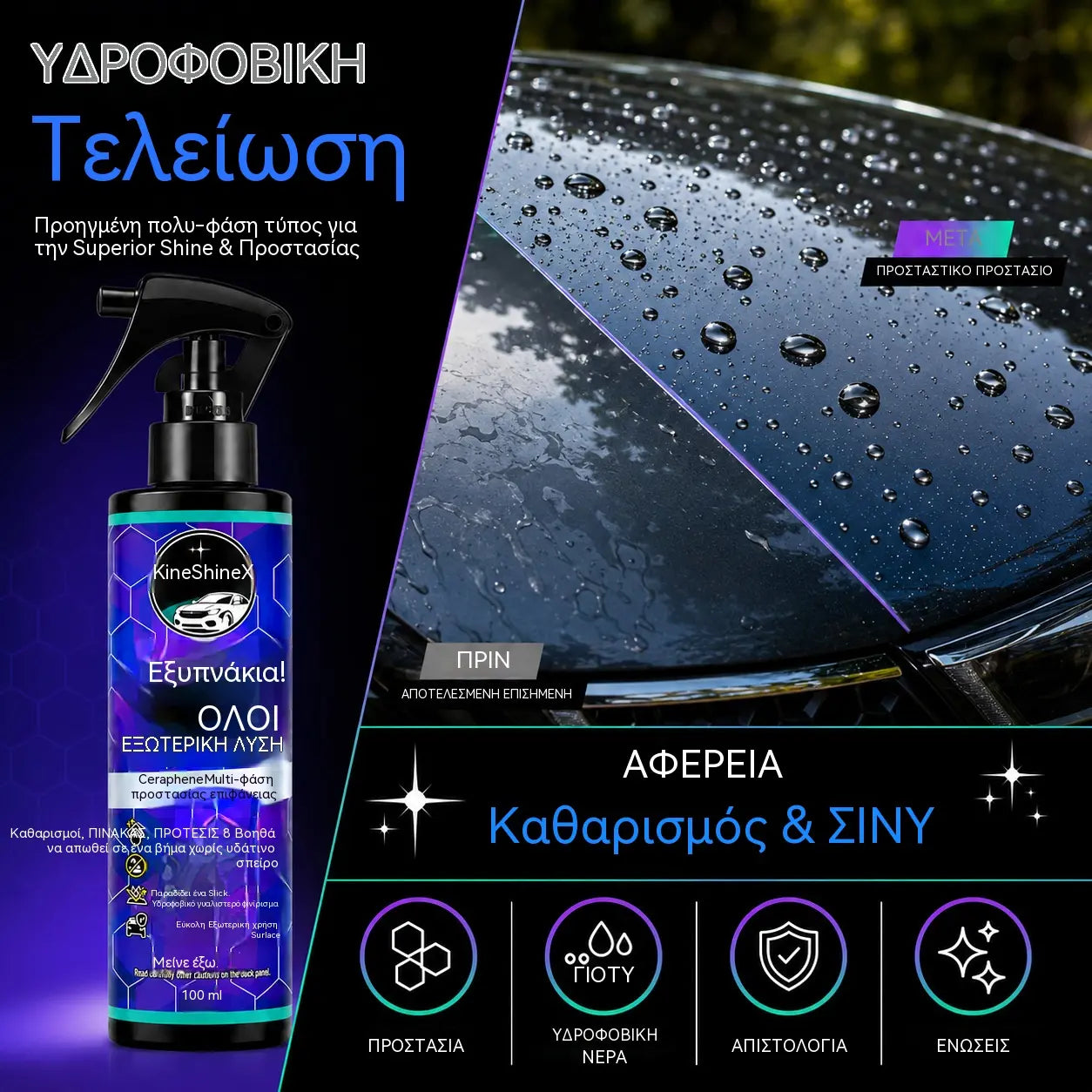 【2 μπουκάλια €28】Νανοεπισκευαστικό μέσο αυτοκινήτων – Εφαρμογή 5 λεπτών, 12μηνη λάμψη και υδρόφοβη προστασία. Άμεση γυαλάδα, εύκολη λάμψη!