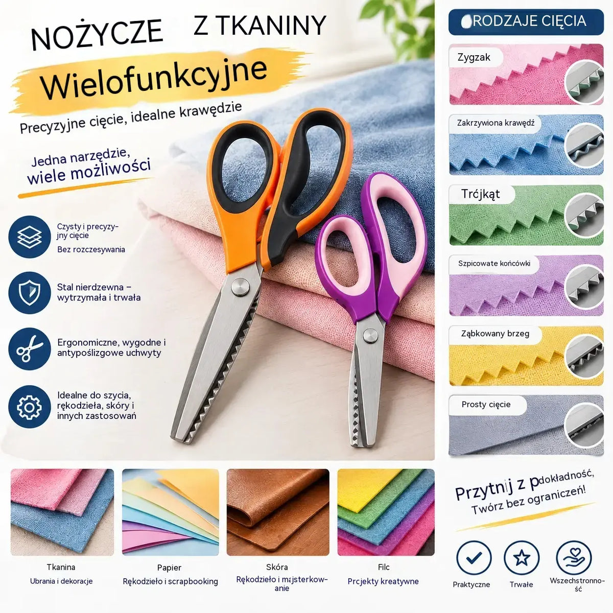 ✂️ Uniwersalne nożyce krawieckie tnące w ząbki – do tkanin, papieru i rękodzieła 🧵