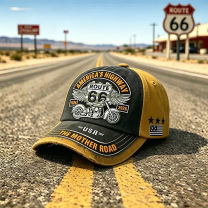 Regulowana czapka baseballowa w stylu retro Route 66, idealny wybór dla miłośników kolarstwa.